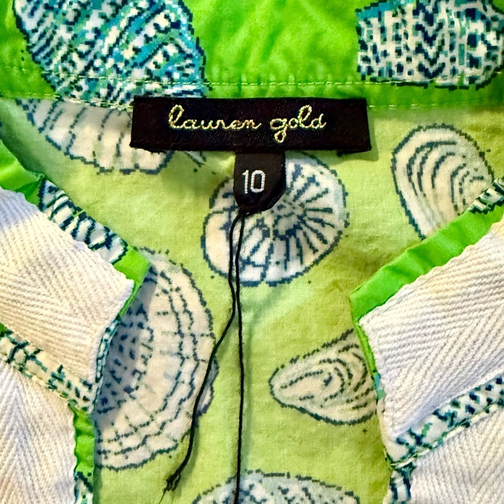 Vtg Lauren Gold Tunic Dress Lime Green Seashell Print Cotton Resort Beach Sz 10 - Picture 5 of 12